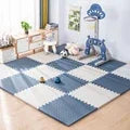 Blue and white checkered EVA foam baby play mat in a child's room with toys.