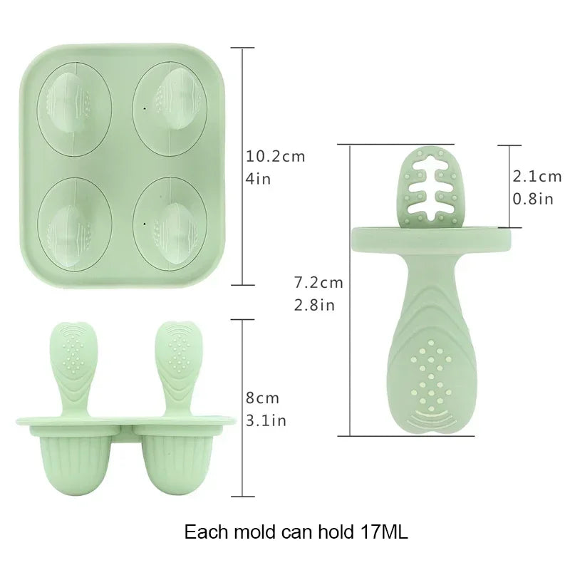 Green silicone baby fruit feeder teether with rabbit design, shown with dimensions and a 4-cavity mold.