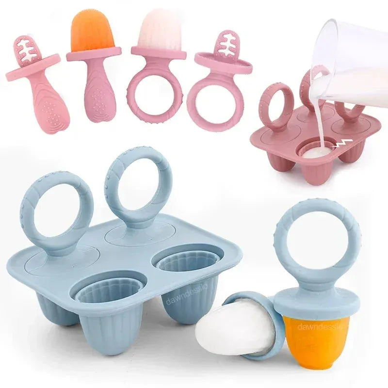 Pink and blue silicone baby fruit feeders and popsicle molds, some filled with fruit or milk.