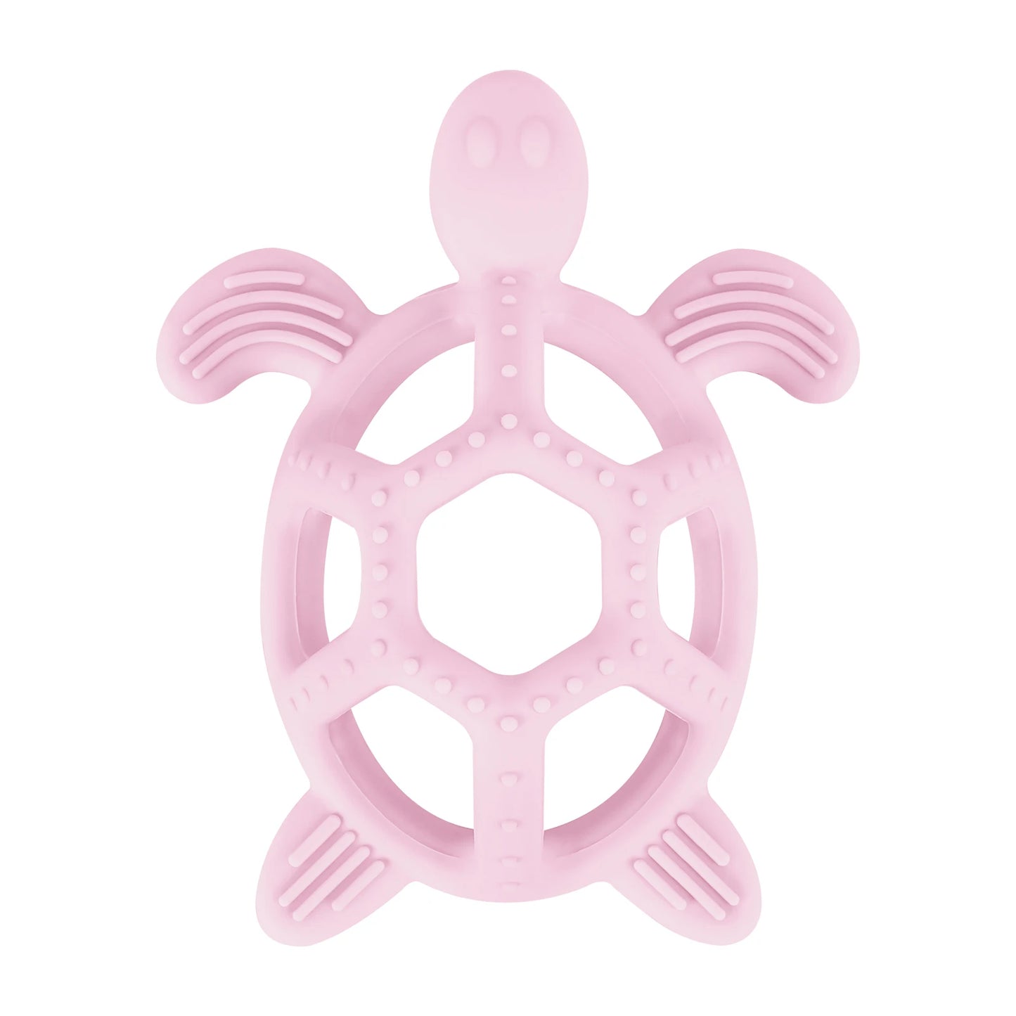Pink silicone turtle baby teether with textured surfaces for soothing gums.
