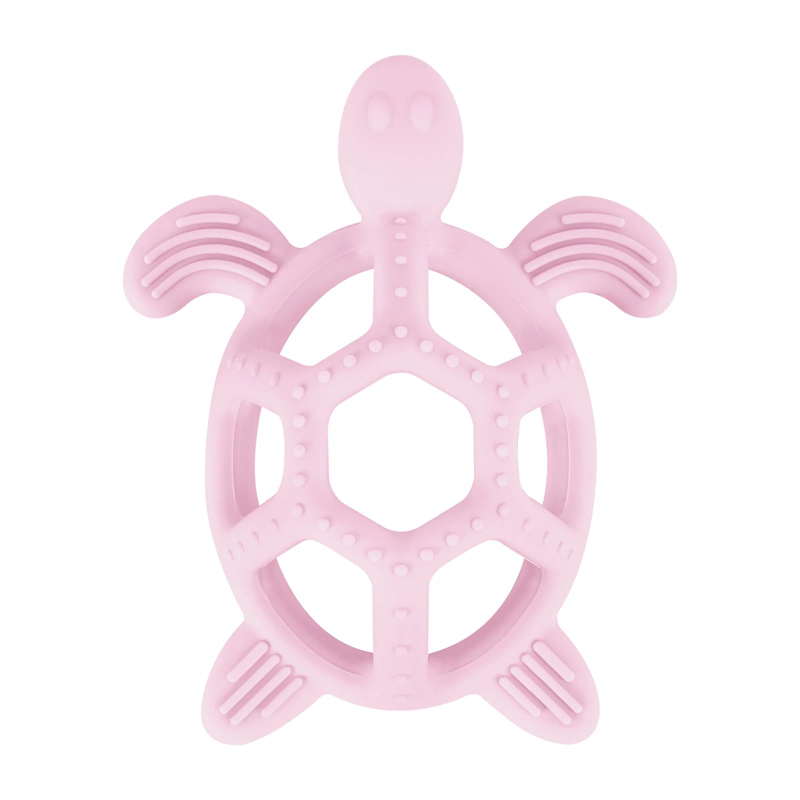 Pink silicone turtle baby teether with textured surfaces for soothing gums.