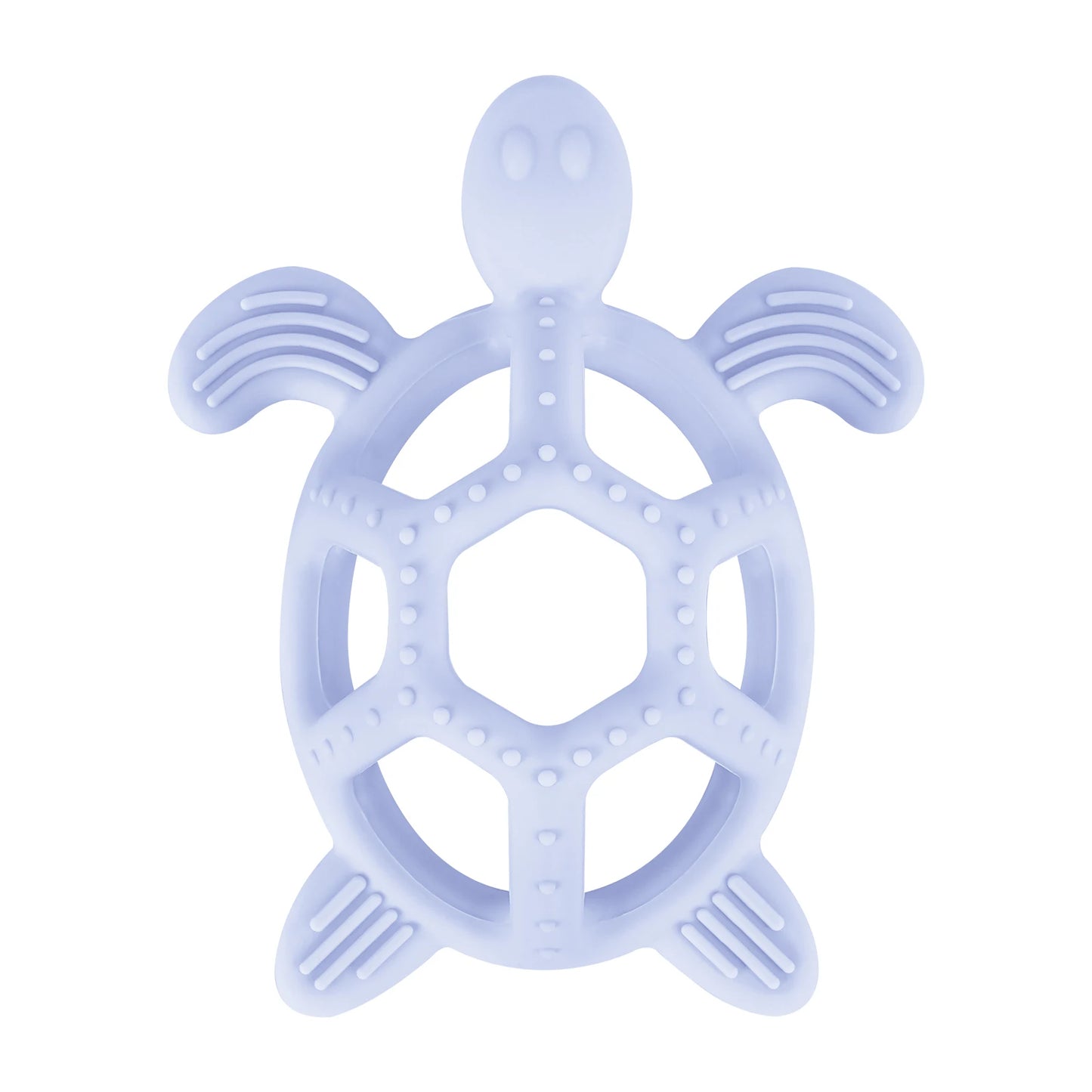 Light blue silicone turtle teether with textured fins and shell for soothing baby gums.