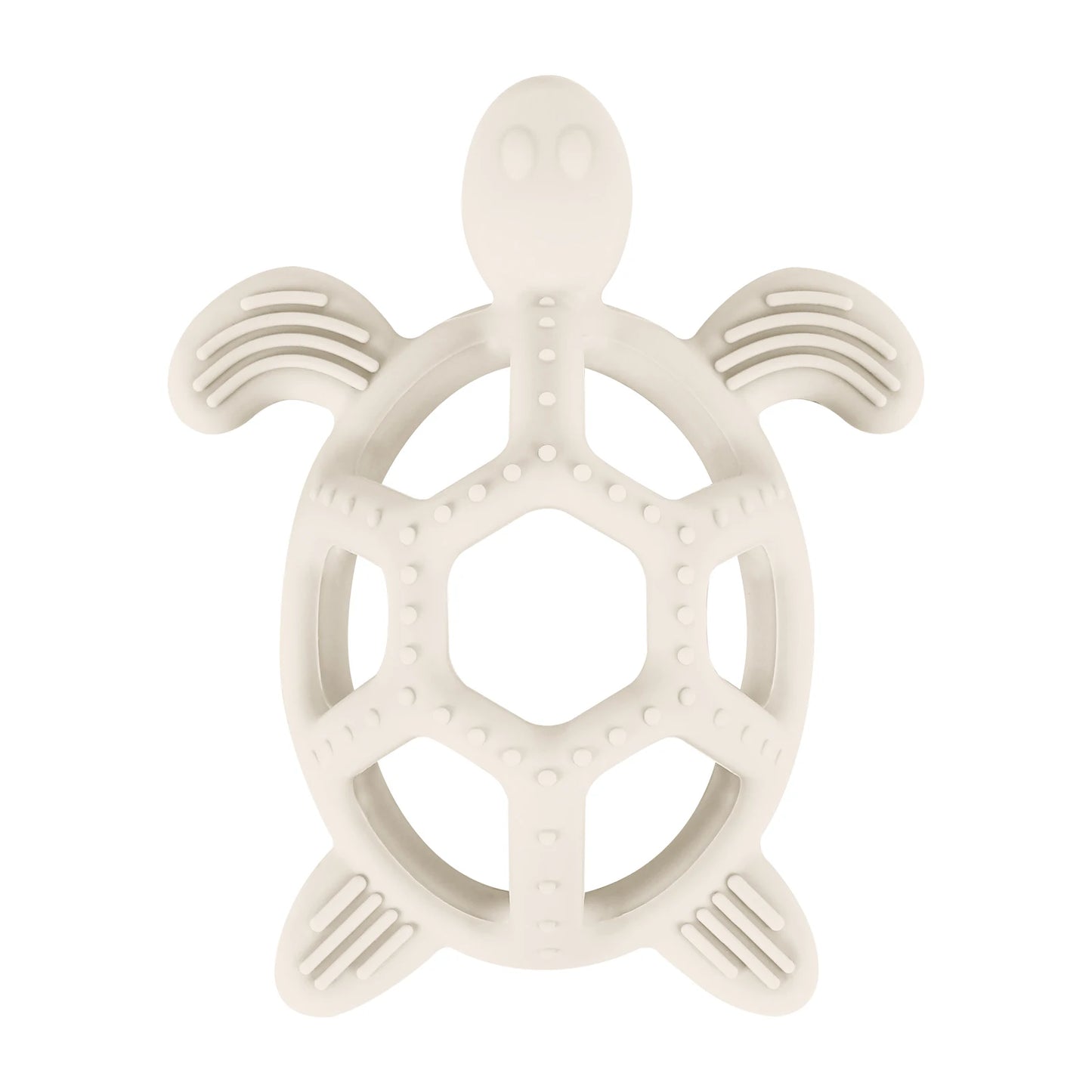 White silicone turtle baby teether with textured surfaces for soothing gums.