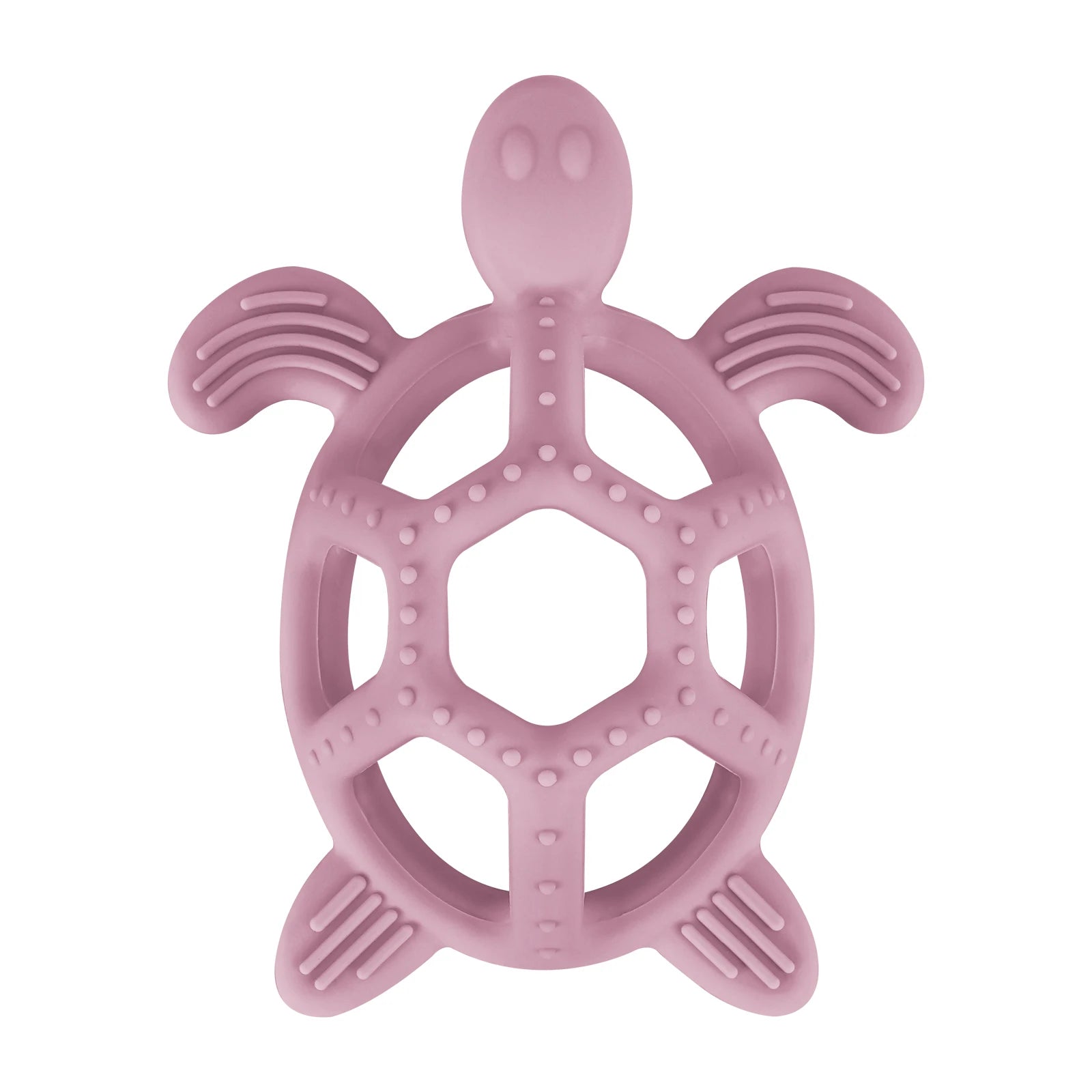 Pink silicone turtle teether with textured surfaces for soothing baby's gums.