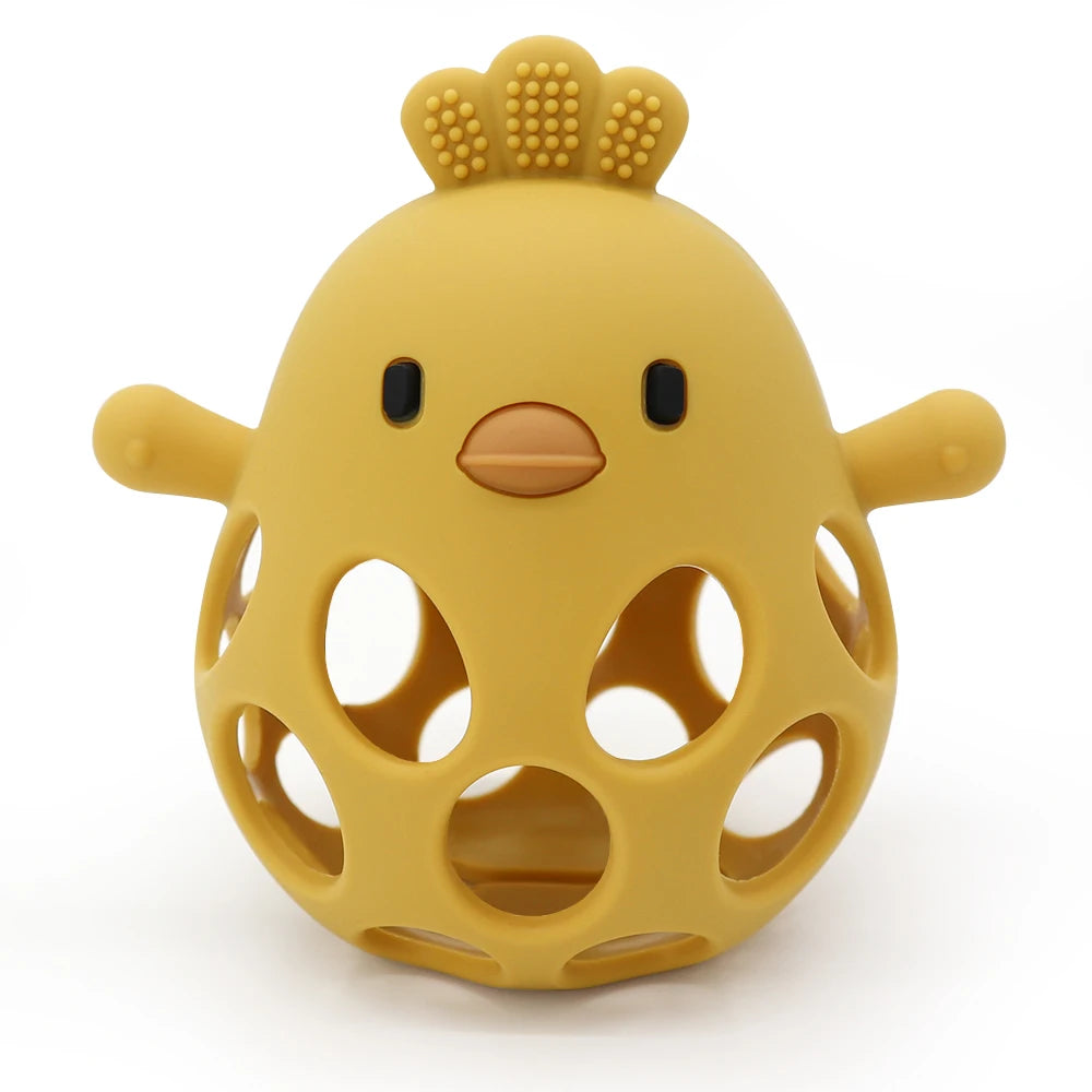 Soft yellow silicone chick baby teether with a hollow, easy-grip design and textured comb.