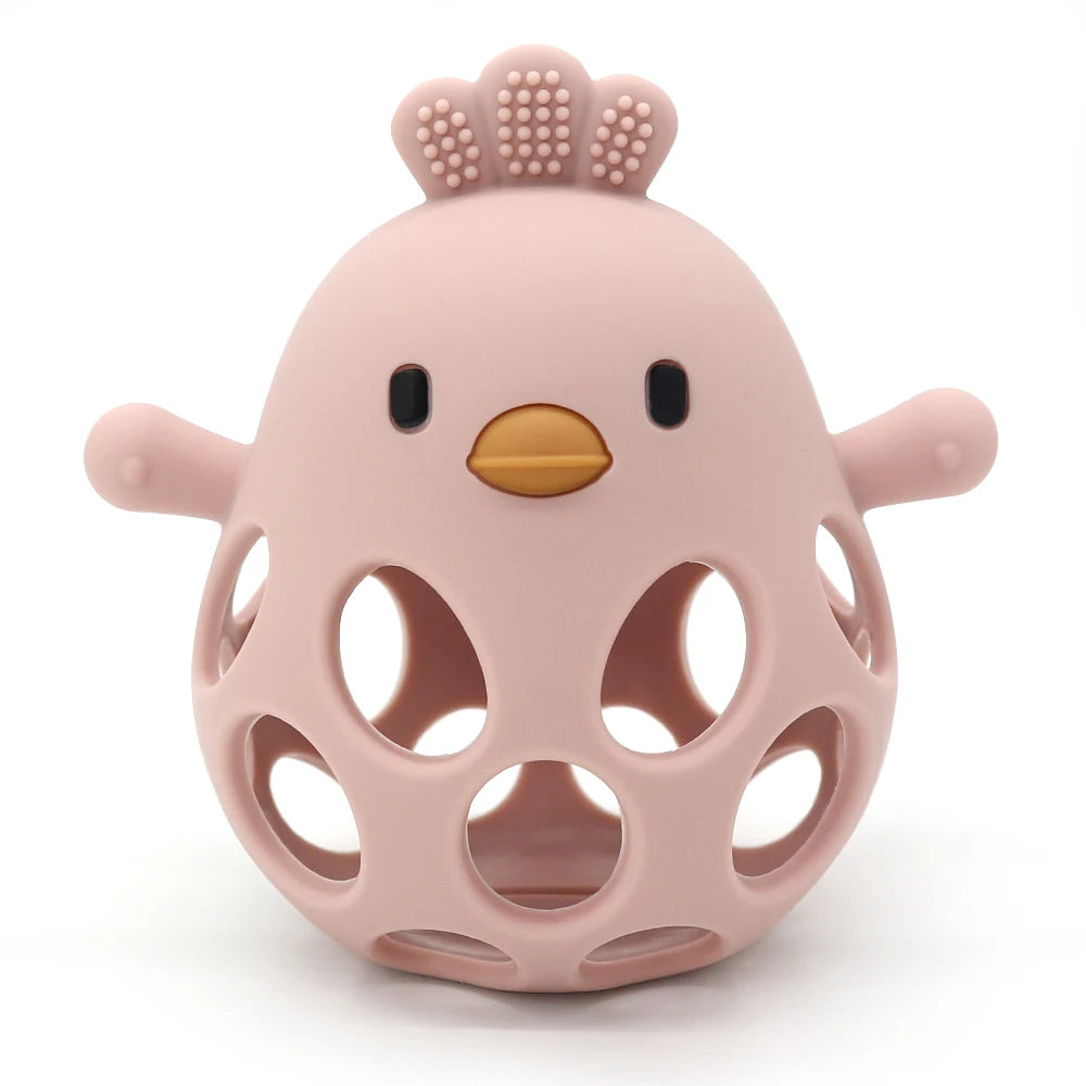 Pink silicone chick baby teether with a hollow, flexible design for easy grip and soothing gums.