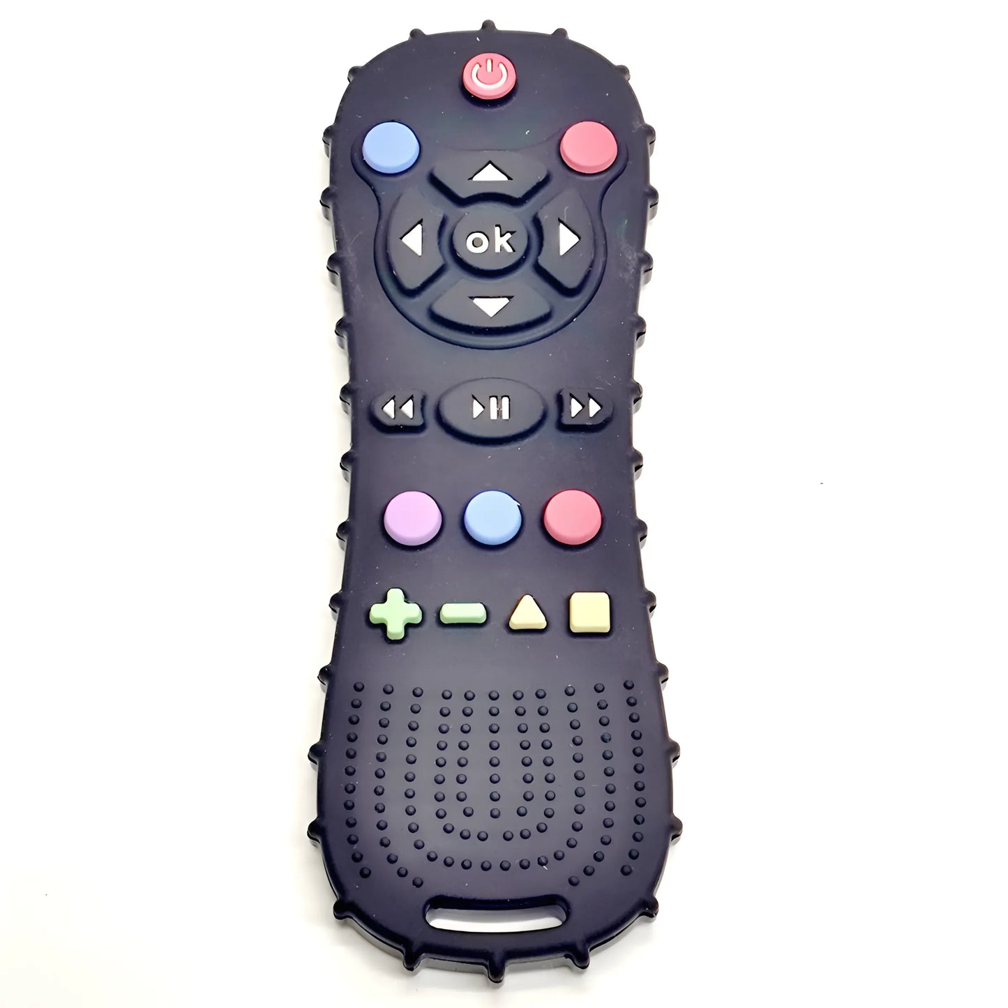 Black silicone baby teether shaped like a remote control with colorful buttons and textured nubs.