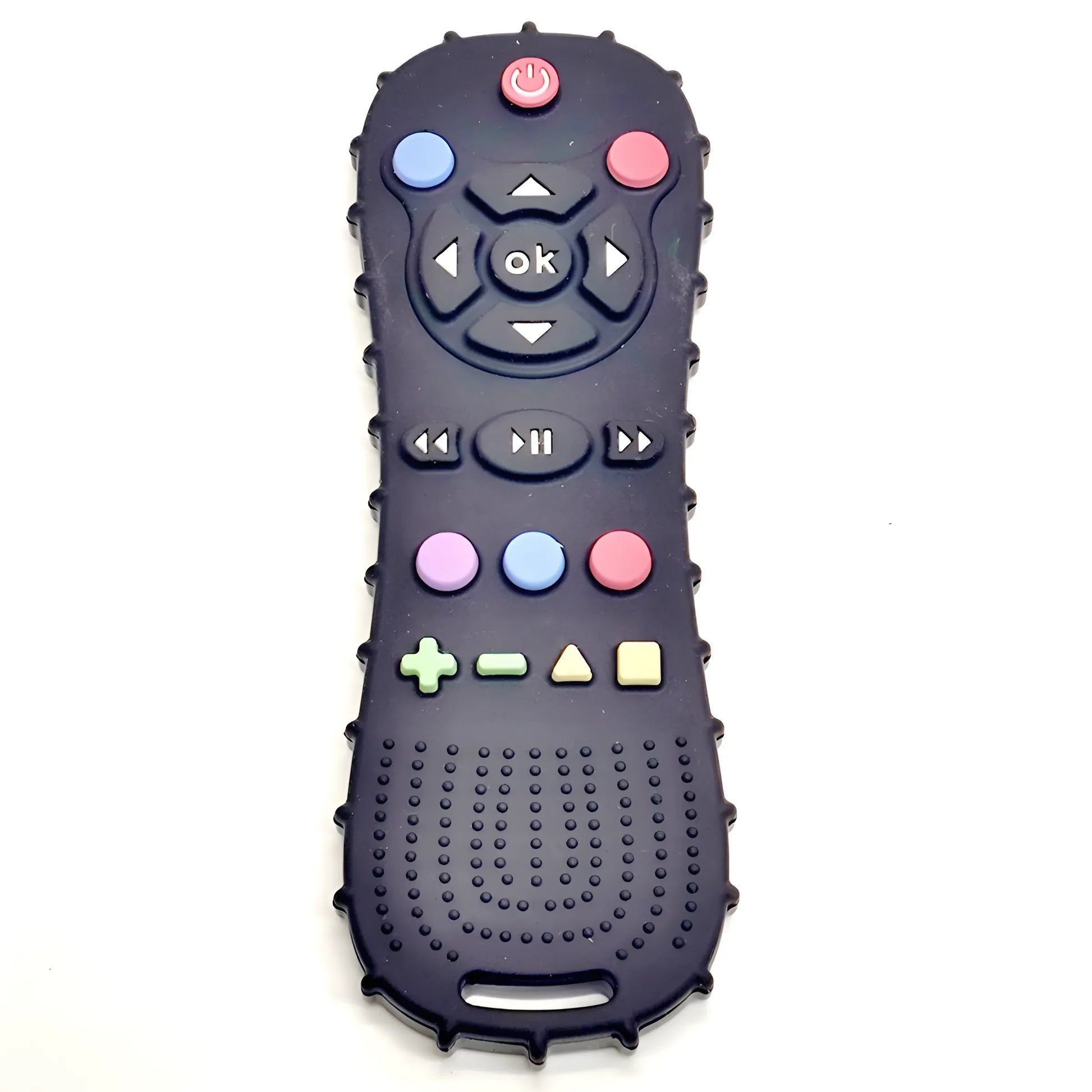 Black silicone baby teether shaped like a remote control with colorful buttons and textured nubs.