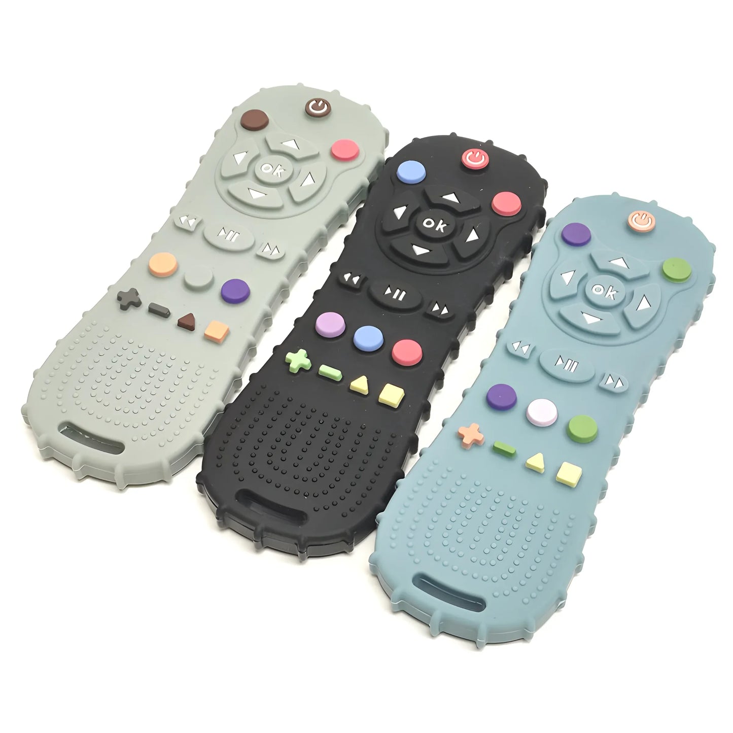 Three silicone baby teethers shaped like remote controls in gray, black, and blue with colorful buttons.