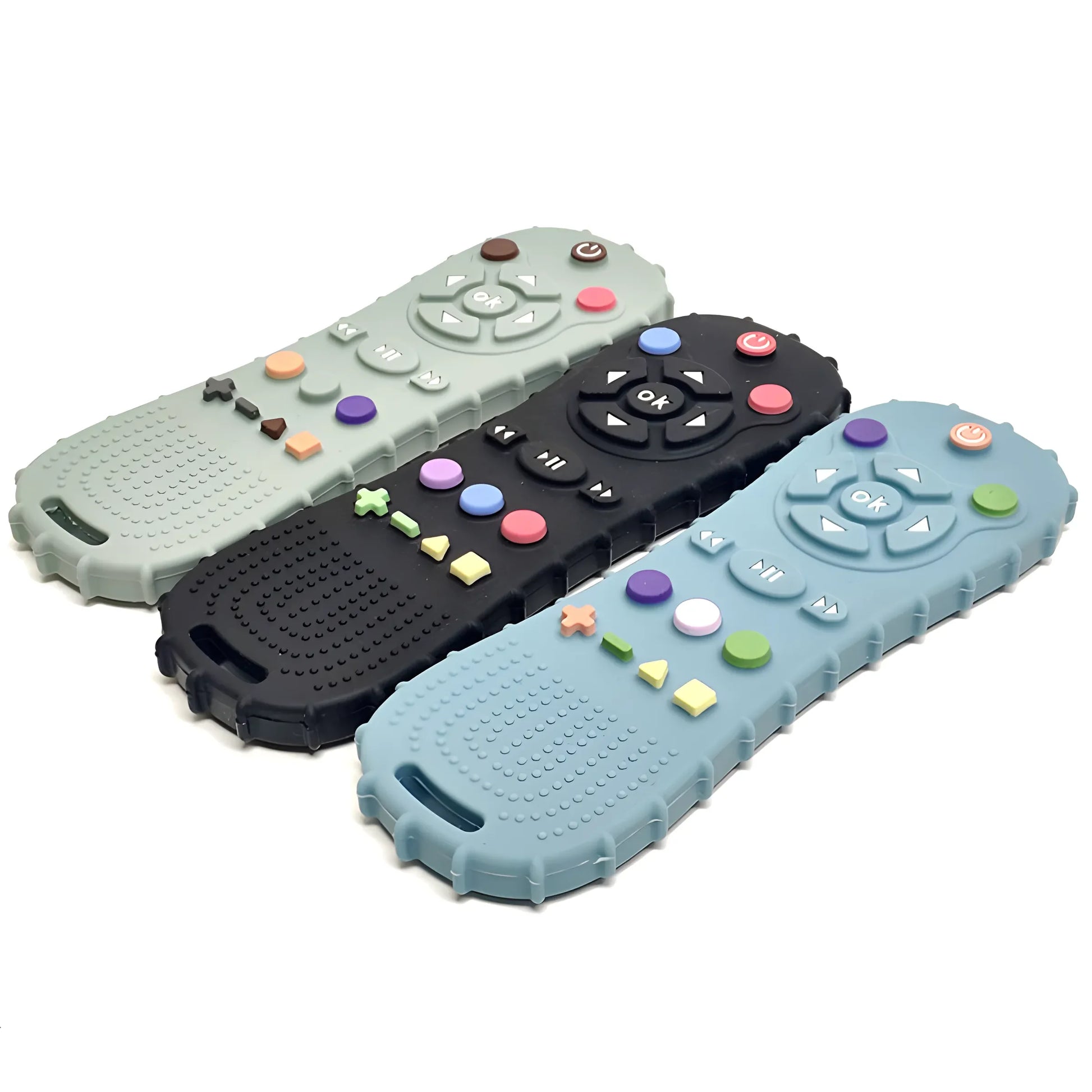 Three silicone baby teethers shaped like remote controls in blue, black, and green with colorful buttons.