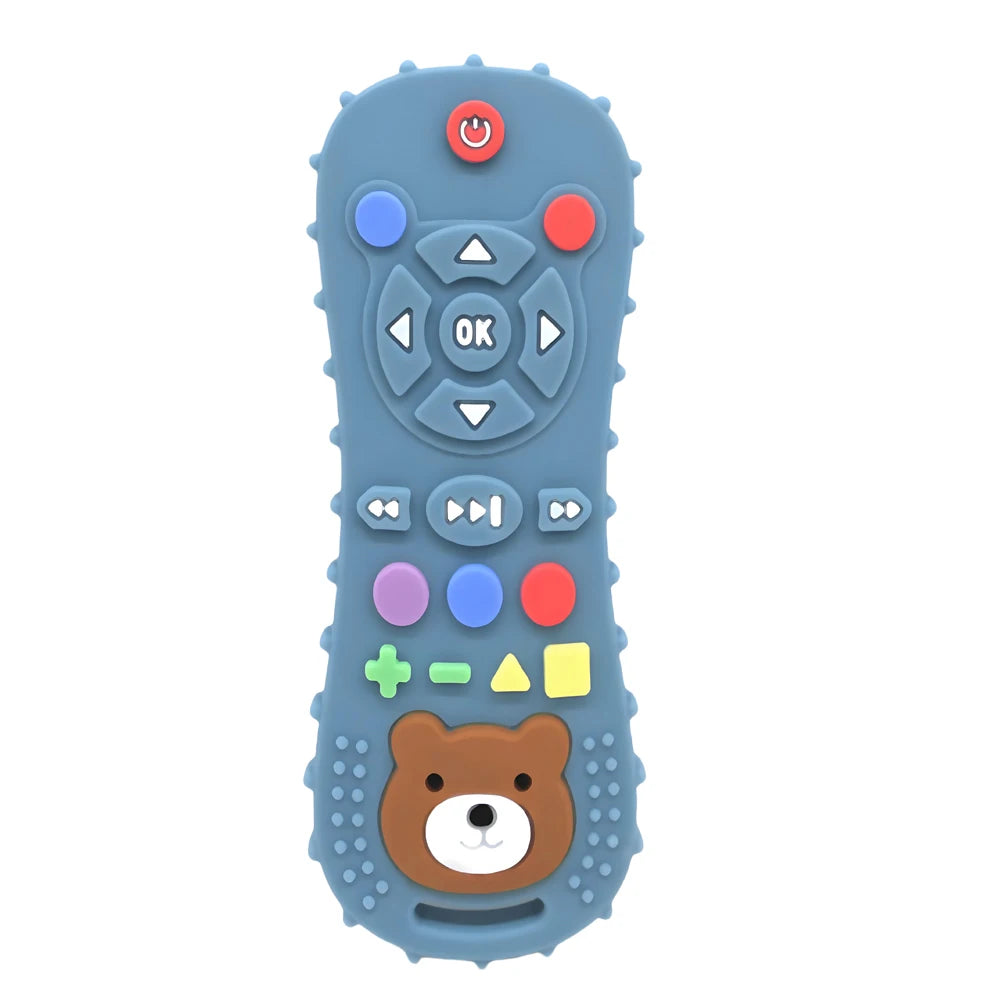 Blue silicone baby teether shaped like a remote control with colorful buttons and a brown bear face.