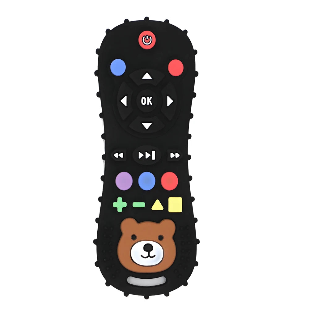 Black silicone baby teether shaped like a remote control with colorful buttons and a cute bear face.