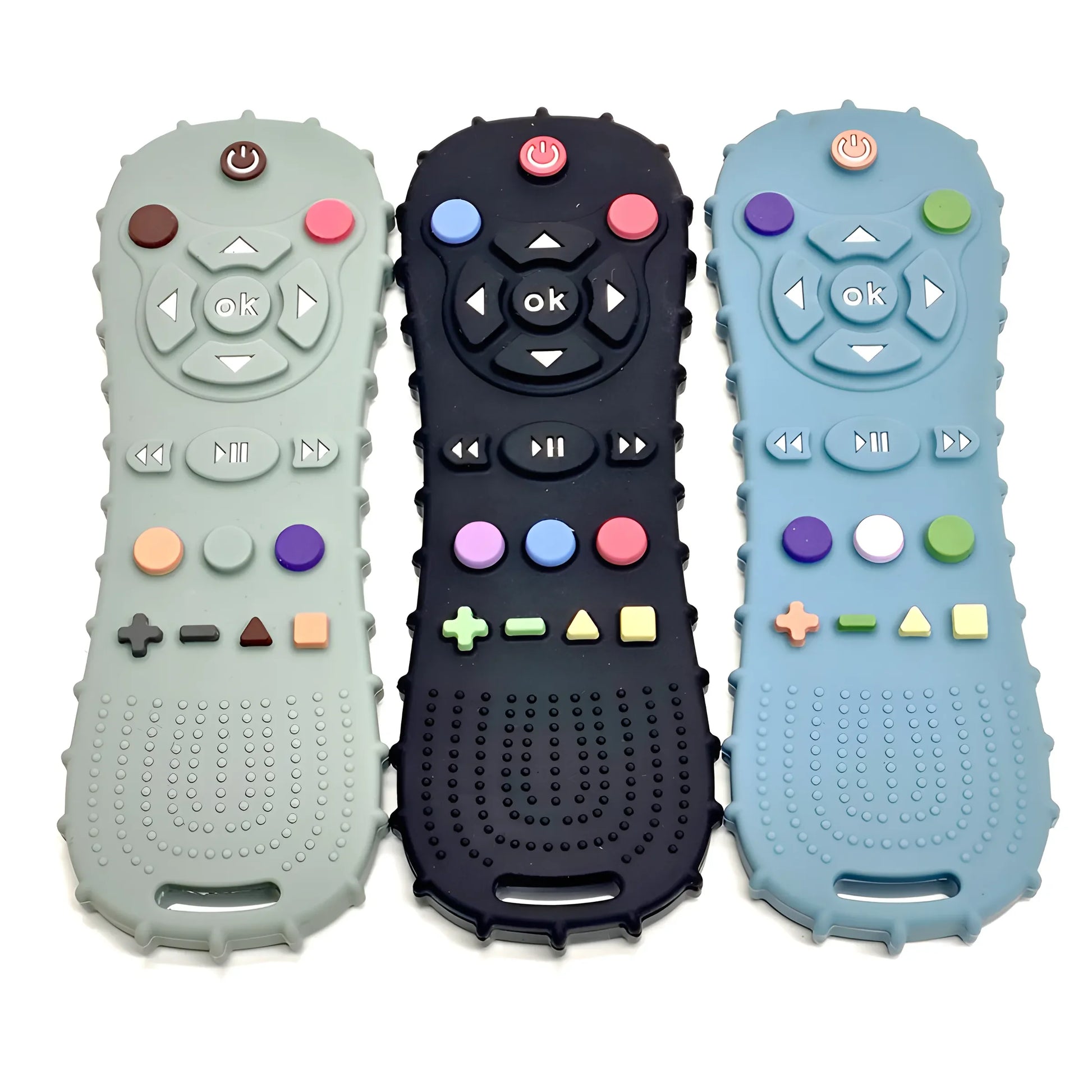 Three silicone remote control teethers in gray, black, and blue with colorful buttons and textured backs.