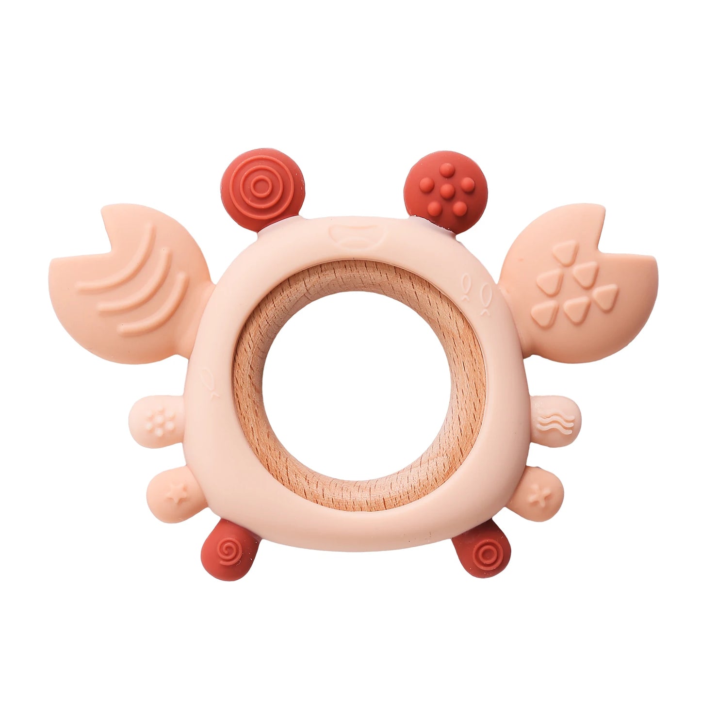 Pink silicone crab teether with a natural wood ring, textured claws, and red accents.