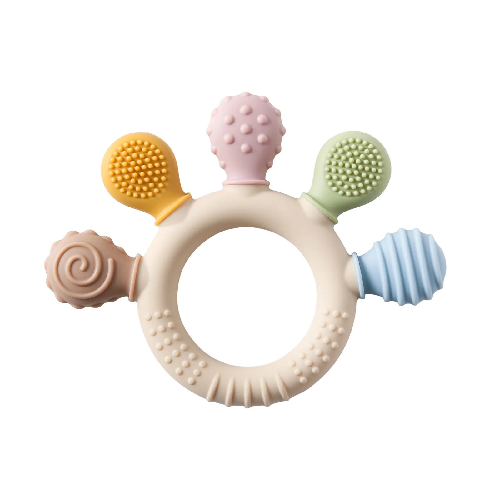 Colorful silicone baby teether with a ring handle and five textured, soft chewing points.