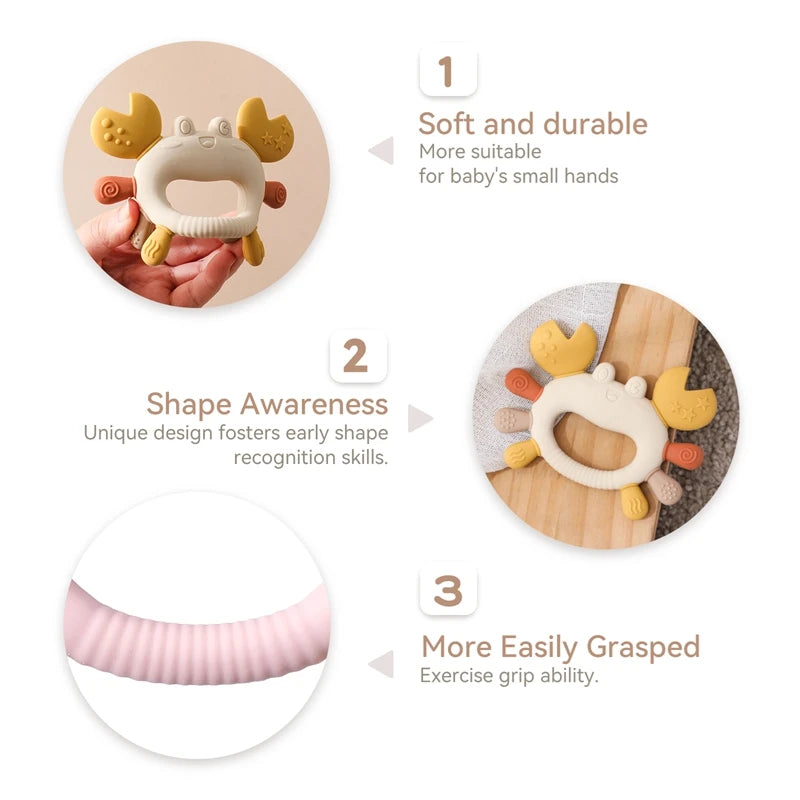 Beige and yellow crab-shaped silicone baby teether for soothing gums and easy grasping.