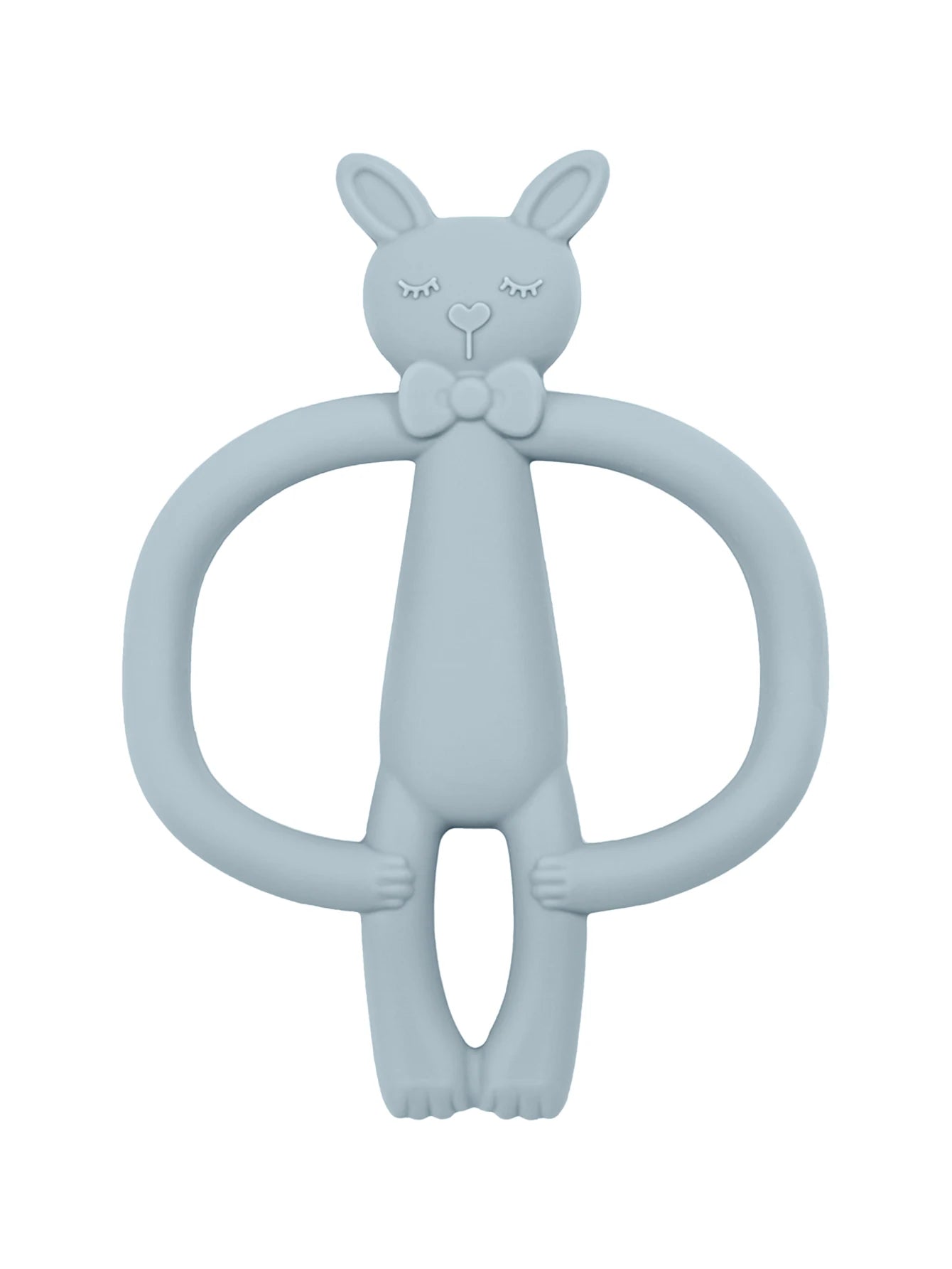 Soft blue silicone rabbit baby teether with a bow tie, designed for easy grip and soothing gums.