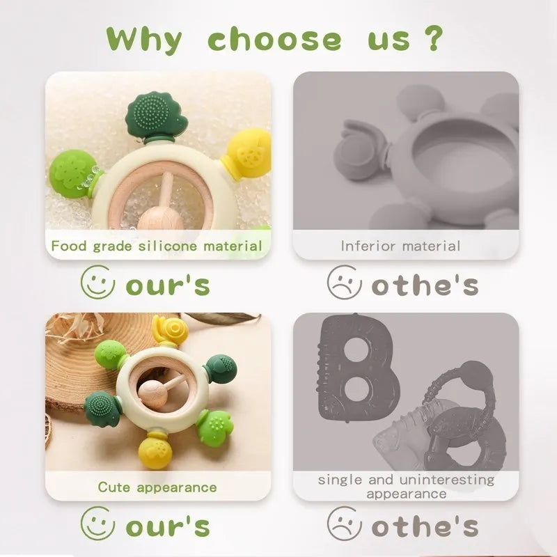 Montessori forest-themed baby silicone teether with green and yellow accents, highlighting food-grade material and cute design.