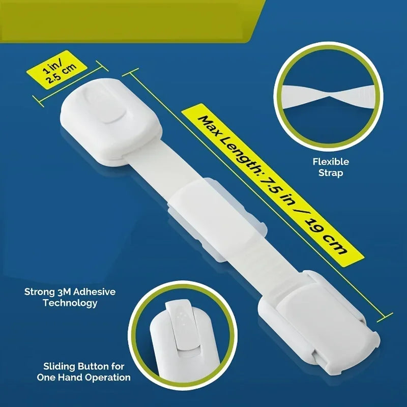 White child safety lock with flexible strap, 3M adhesive, and one-hand sliding button.