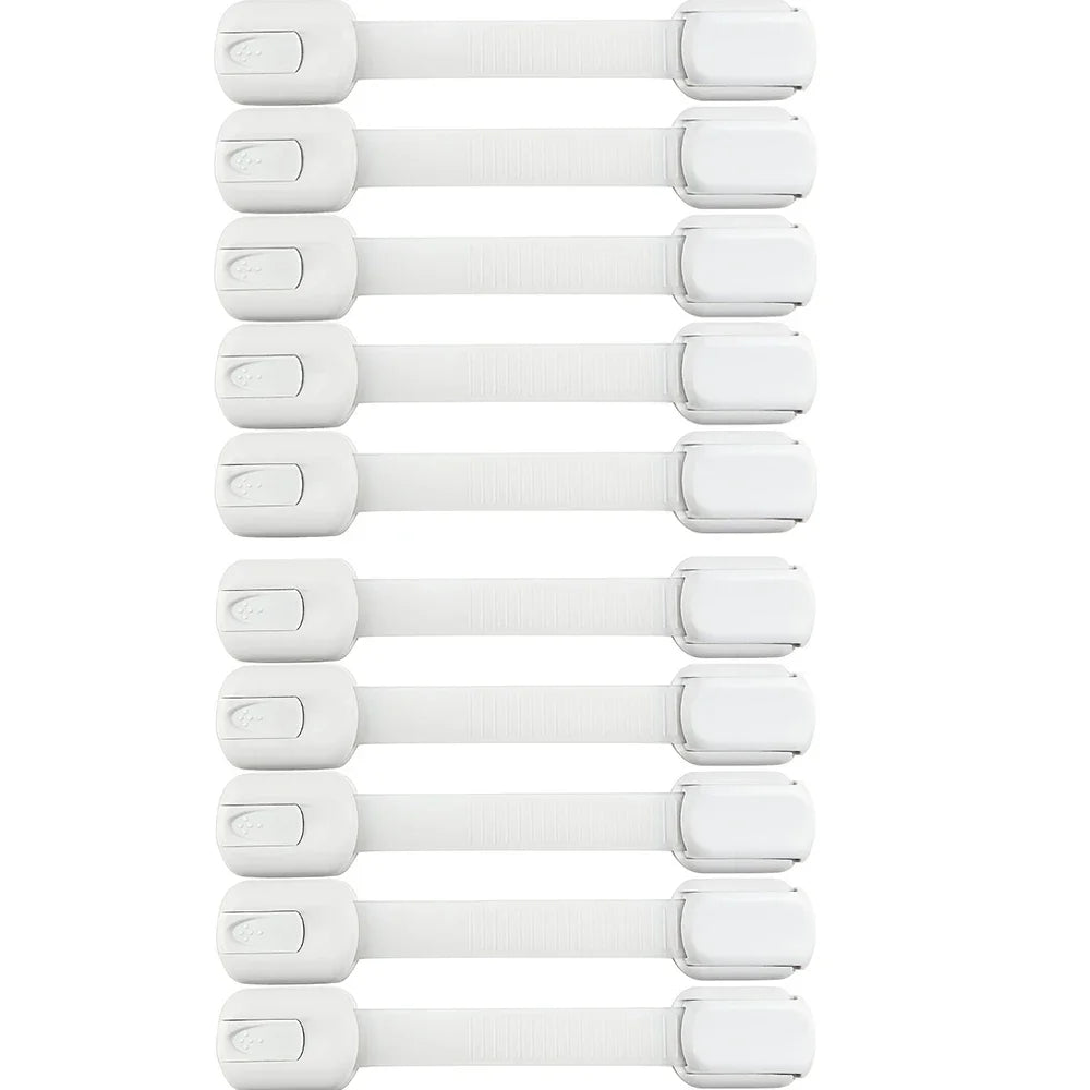 Ten white plastic child safety locks for cabinets and drawers, drill-free installation.
