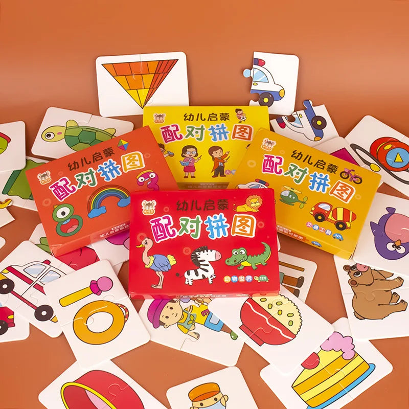 Colorful educational matching card puzzles for kids, featuring various themes like animals, vehicles, and shapes.