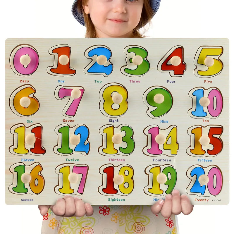 Wooden Montessori number puzzle board with colorful numbers 0-20, held by a child.