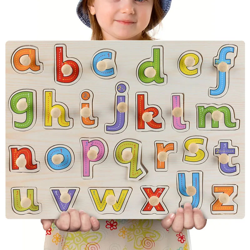Child holding a wooden Montessori alphabet puzzle with colorful lowercase letters and knobs.