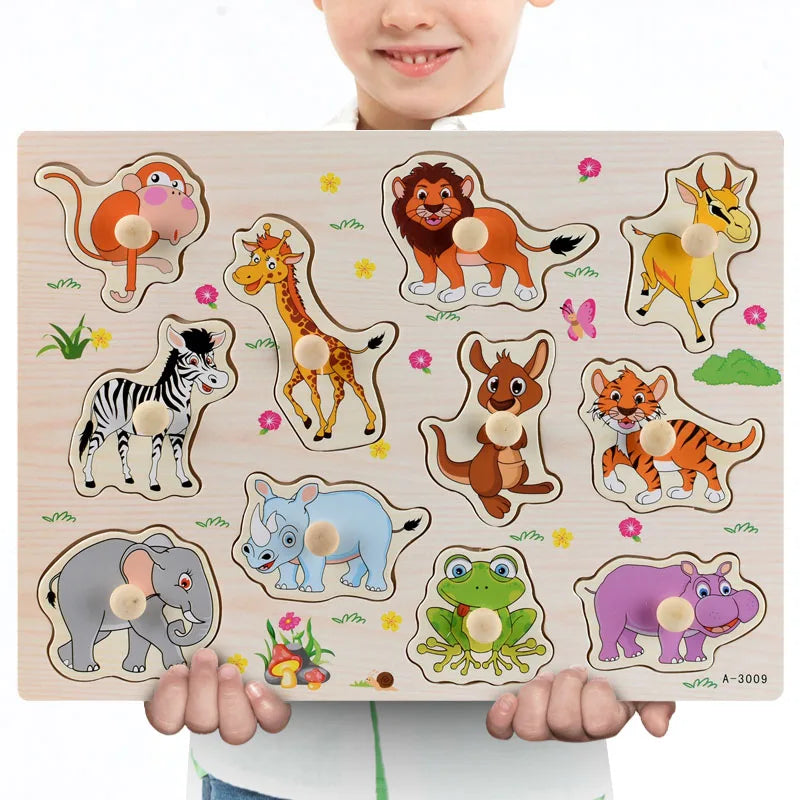 Child holding a wooden Montessori animal puzzle with colorful safari animals and knobs.