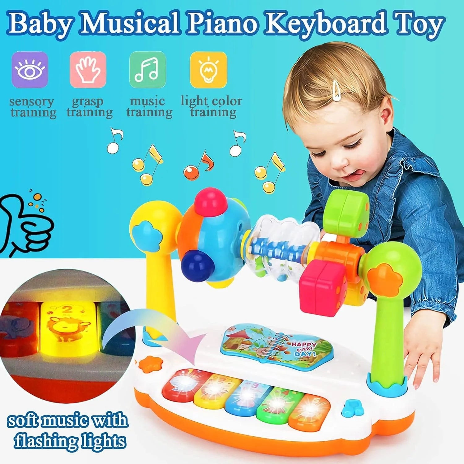Colorful baby musical piano keyboard toy with spinning windmill, flashing lights, and a toddler playing.
