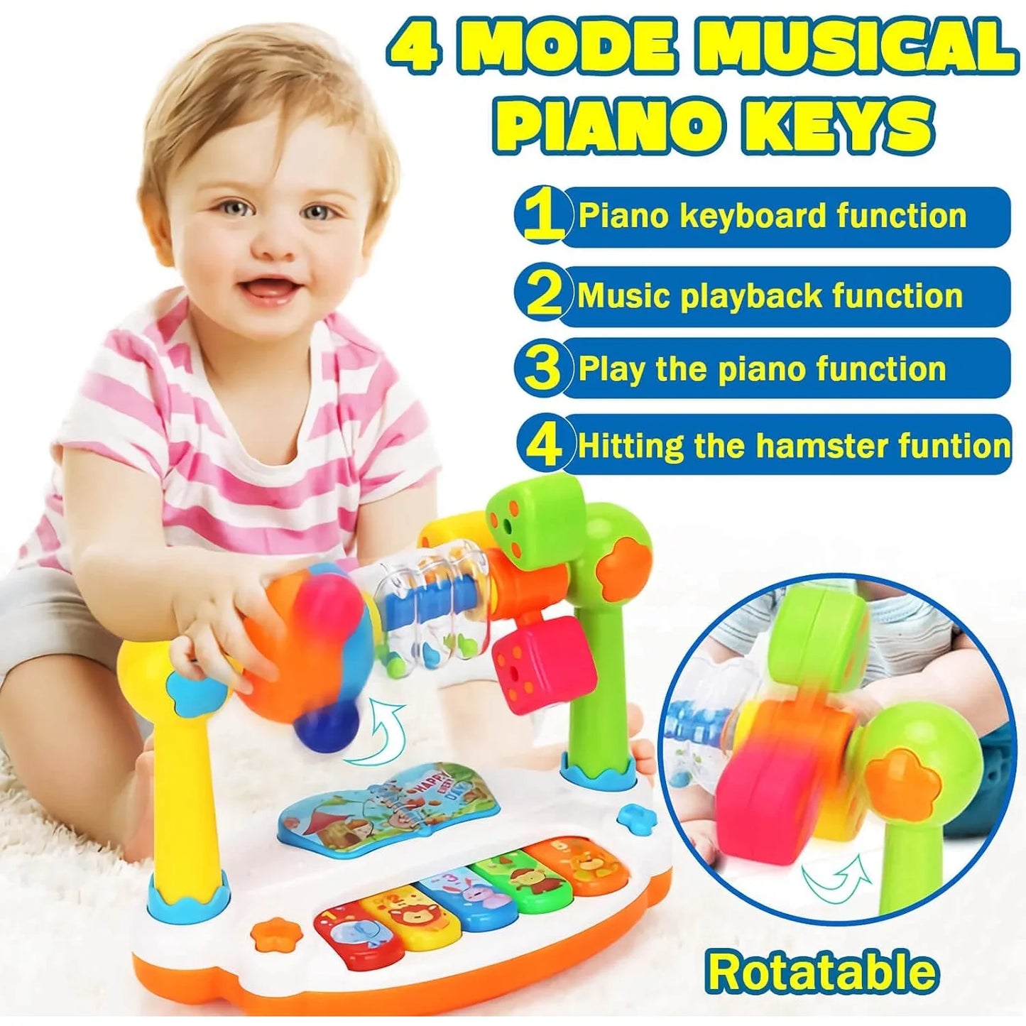 Smiling baby playing with a colorful 4-in-1 musical piano toy featuring rotatable windmill and animal keys.