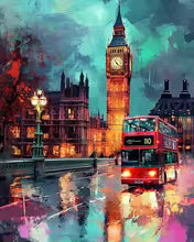 Acrylic paint by numbers kit featuring a vibrant, impressionistic London cityscape at night with Big Ben and a red double-decker bus.