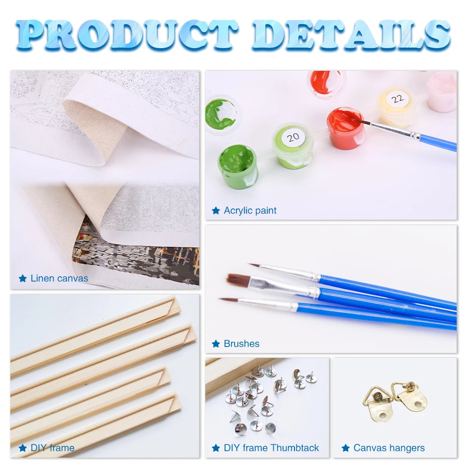 Acrylic paint by numbers kit with linen canvas, brushes, DIY frame, thumbtacks, and canvas hangers.