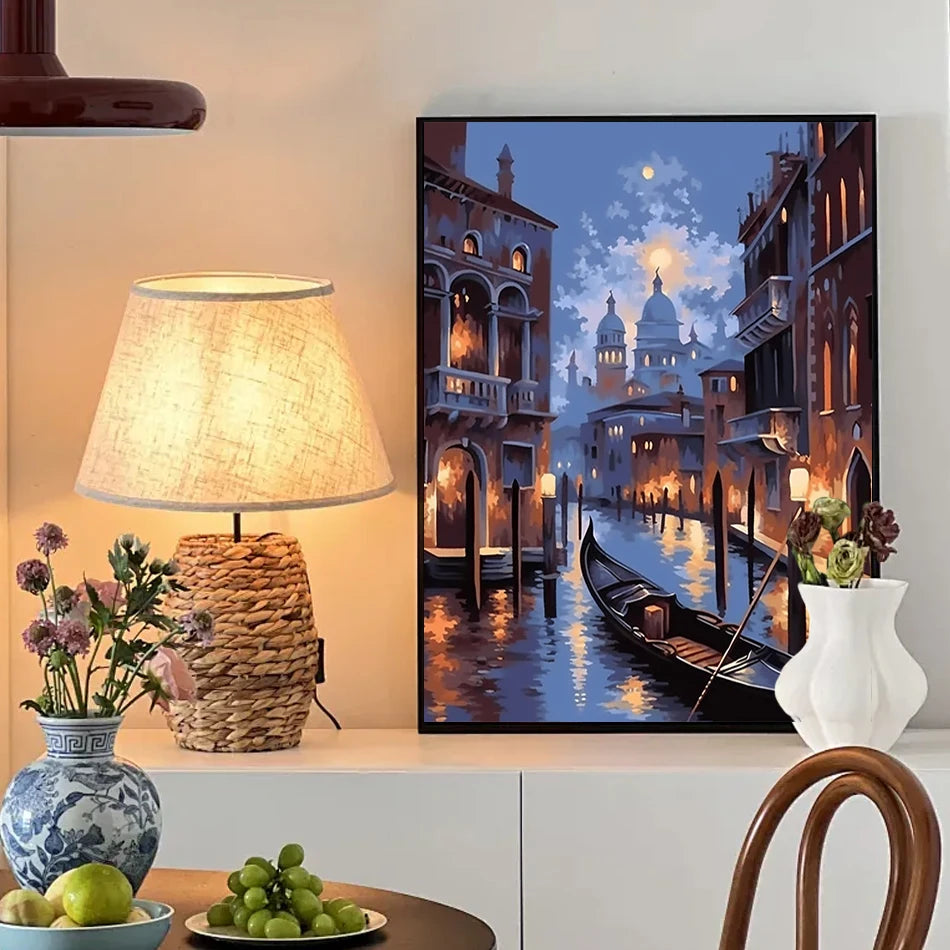 Acrylic paint by numbers kit featuring a vibrant night cityscape with a canal and gondola.