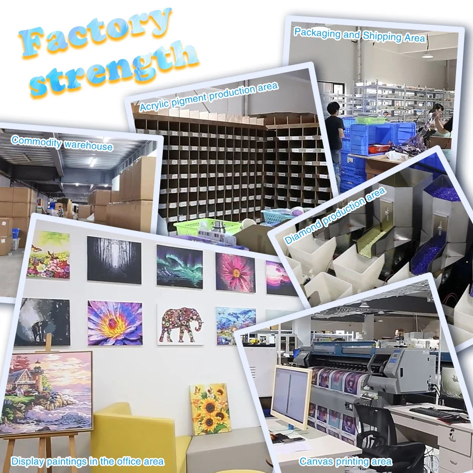 Collage showing factory strength: commodity warehouse, acrylic pigment, diamond, canvas printing, and office display areas.