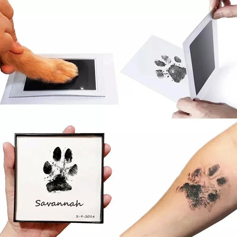Black ink pet paw print kit for keepsakes, showing a cat's paw, a print on paper, and a framed print.