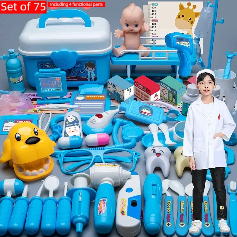 Kids' doctor play set with blue and white medical tools, a doll, and a child in a lab coat.