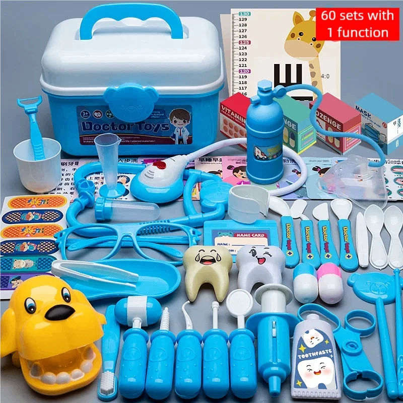 Blue and white toy doctor kit with storage cart, medical tools, dental models, and accessories.