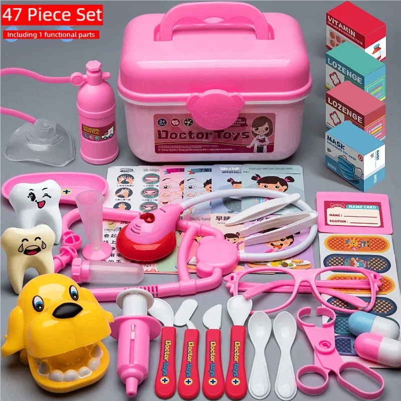 Pink 47-piece toy doctor kit with a carrying case, dental tools, glasses, and medicine boxes.