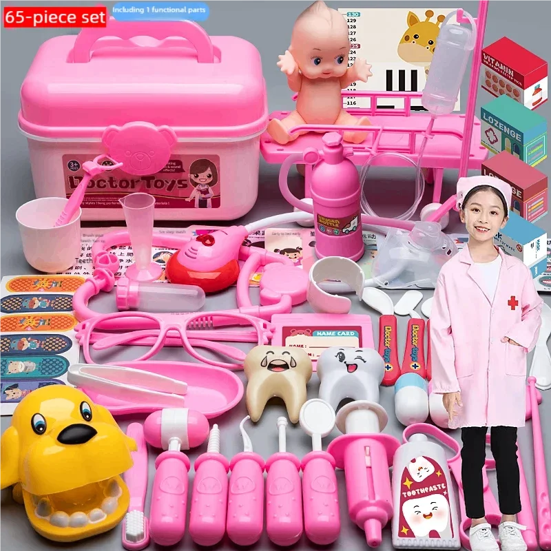 Pink 65-piece kids' doctor toy set with medical tools, dental models, and a doctor's coat.