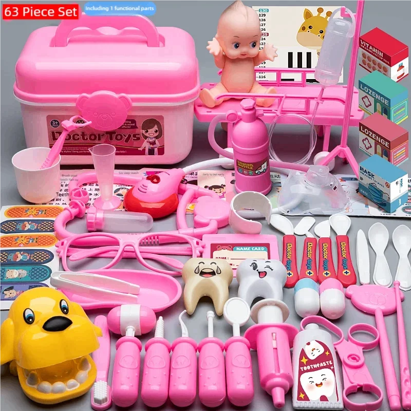 Pink 63-piece toy doctor set with a storage case, medical tools, baby doll, and dental models.