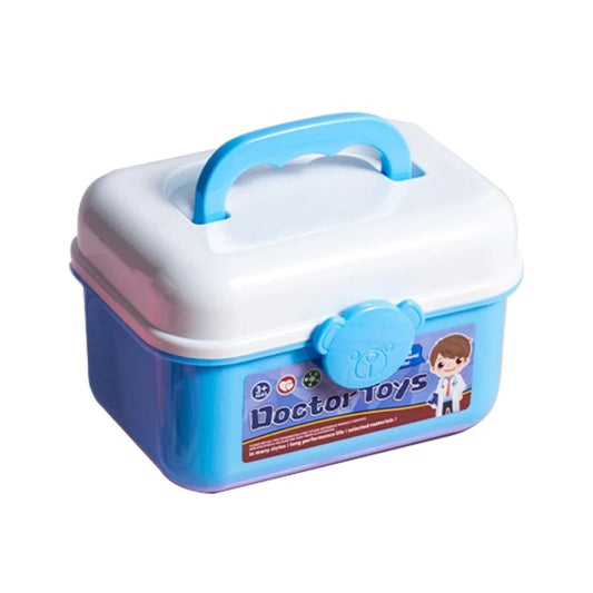 Blue and white plastic doctor toy kit with a light blue handle and "Doctor Toys" label.