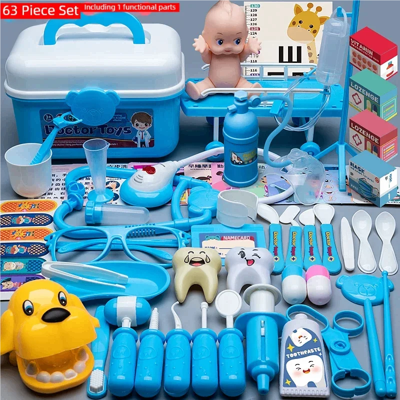 Blue 63-piece toy doctor kit with a storage cart, medical tools, doll, and dental models.