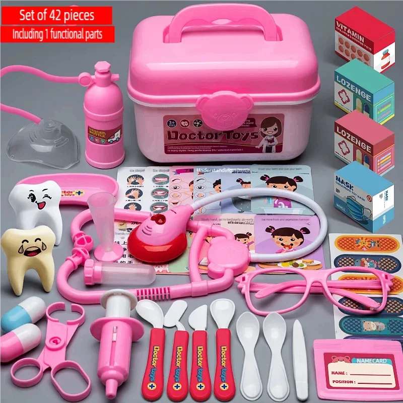 Pink plastic toy doctor kit with stethoscope, syringe, glasses, and medicine box, including a carrying case.