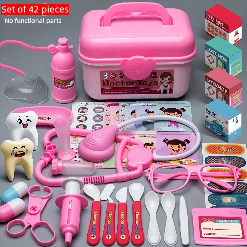 Pink toy doctor kit with a carrying case, stethoscope, syringe, glasses, pretend medicine, and dental tools.