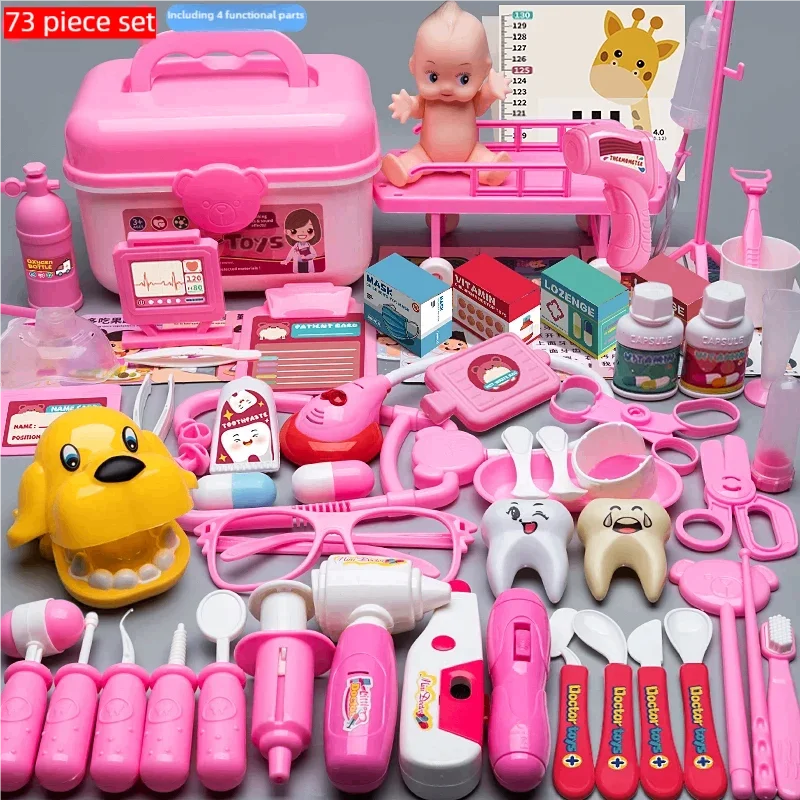 Pink toy doctor kit with a medical cart, baby doll, and various plastic medical tools.