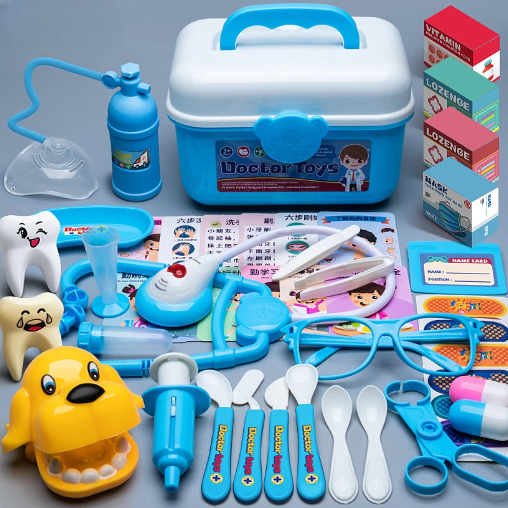 Blue and white toy doctor kit with storage cart, medical tools, teeth models, and accessories.