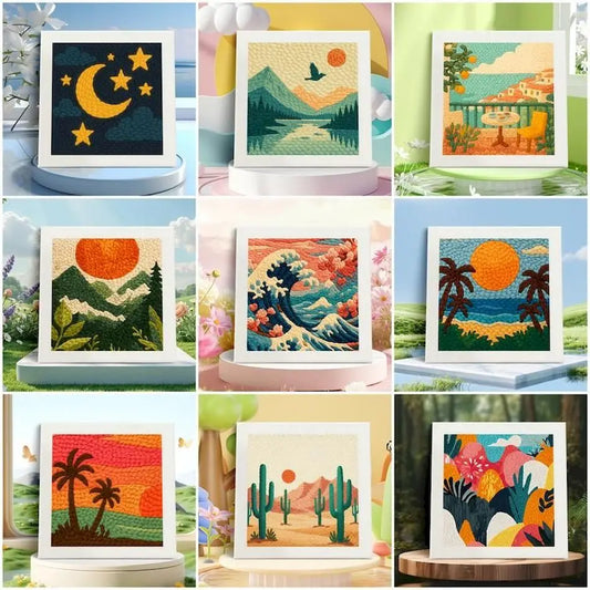 Nine framed punch needle embroidery kits with diverse nature scenes like moon, mountains, ocean, and desert.