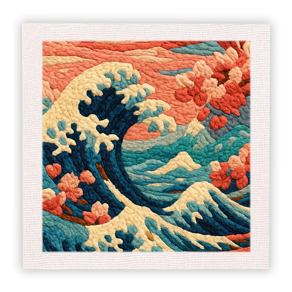 Punch needle embroidery kit featuring "The Great Wave" design with cherry blossoms, framed in wood.