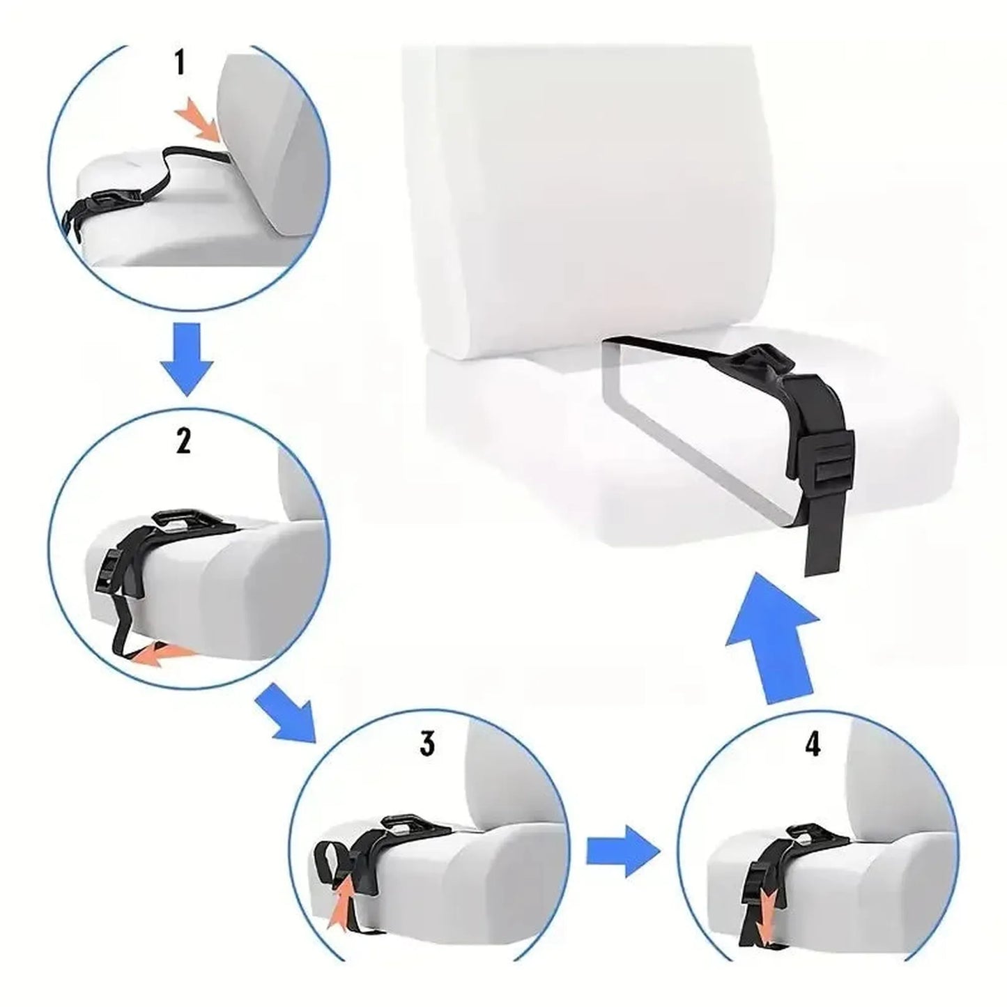 Black pregnancy seat belt adjuster shown in four steps on a white car seat for safe, comfortable driving.