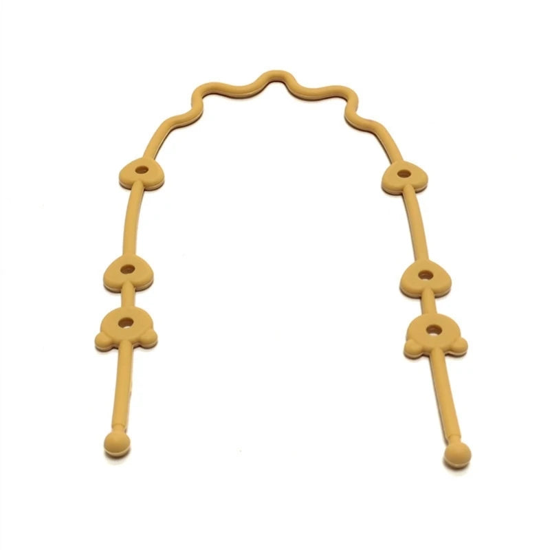 Adjustable beige silicone pacifier and bottle strap with heart-shaped connectors.